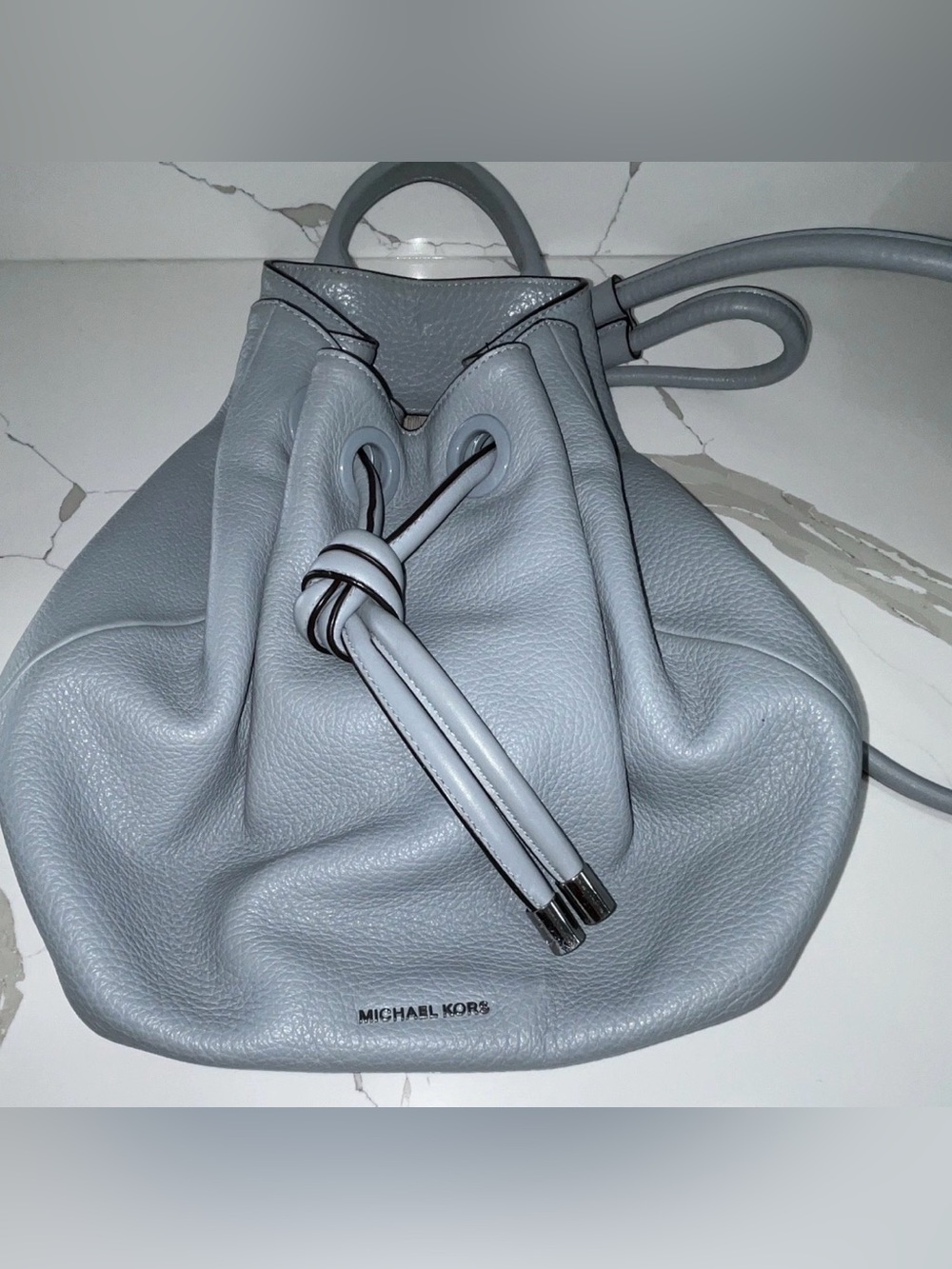 MICHAEL KORS Light Gray Pebbled Leather Drawstring Backpack